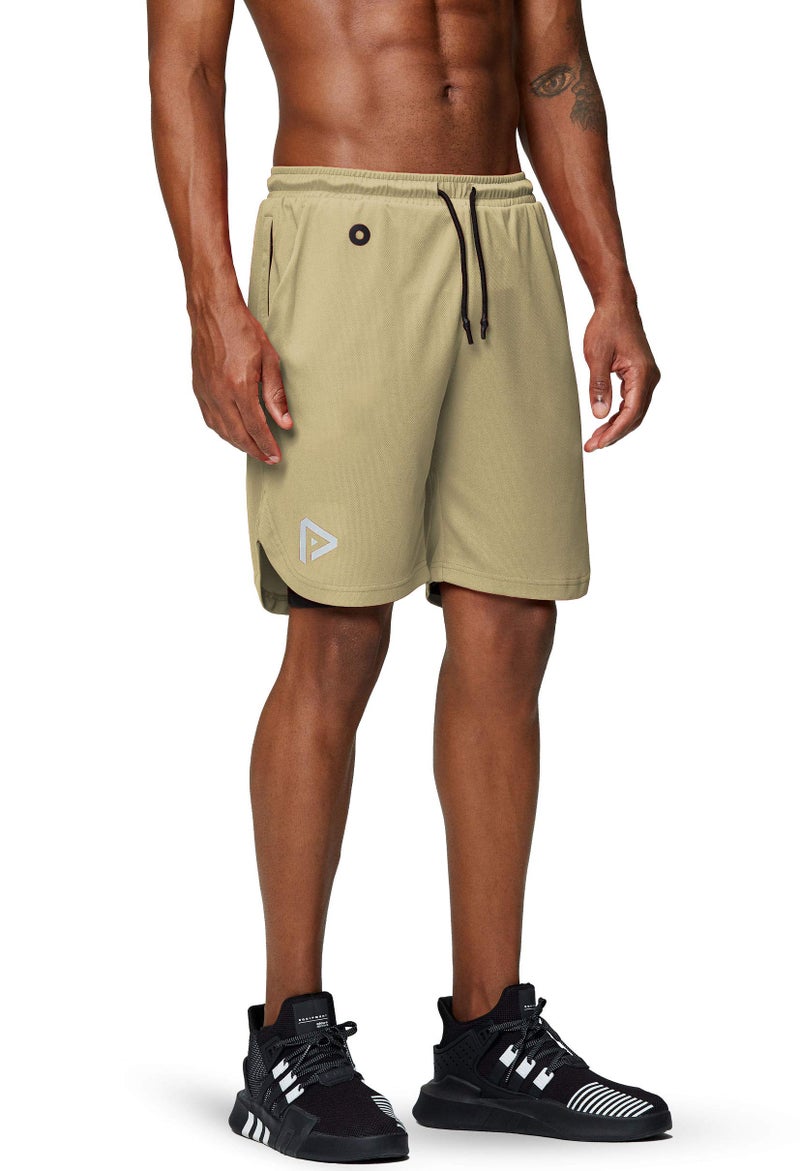 Pinkbomb Men's 2 in 1 Running Shorts Gym Workout Quick Dry Mens Shorts with Phone Pocket (Khaki, Large - Image 4